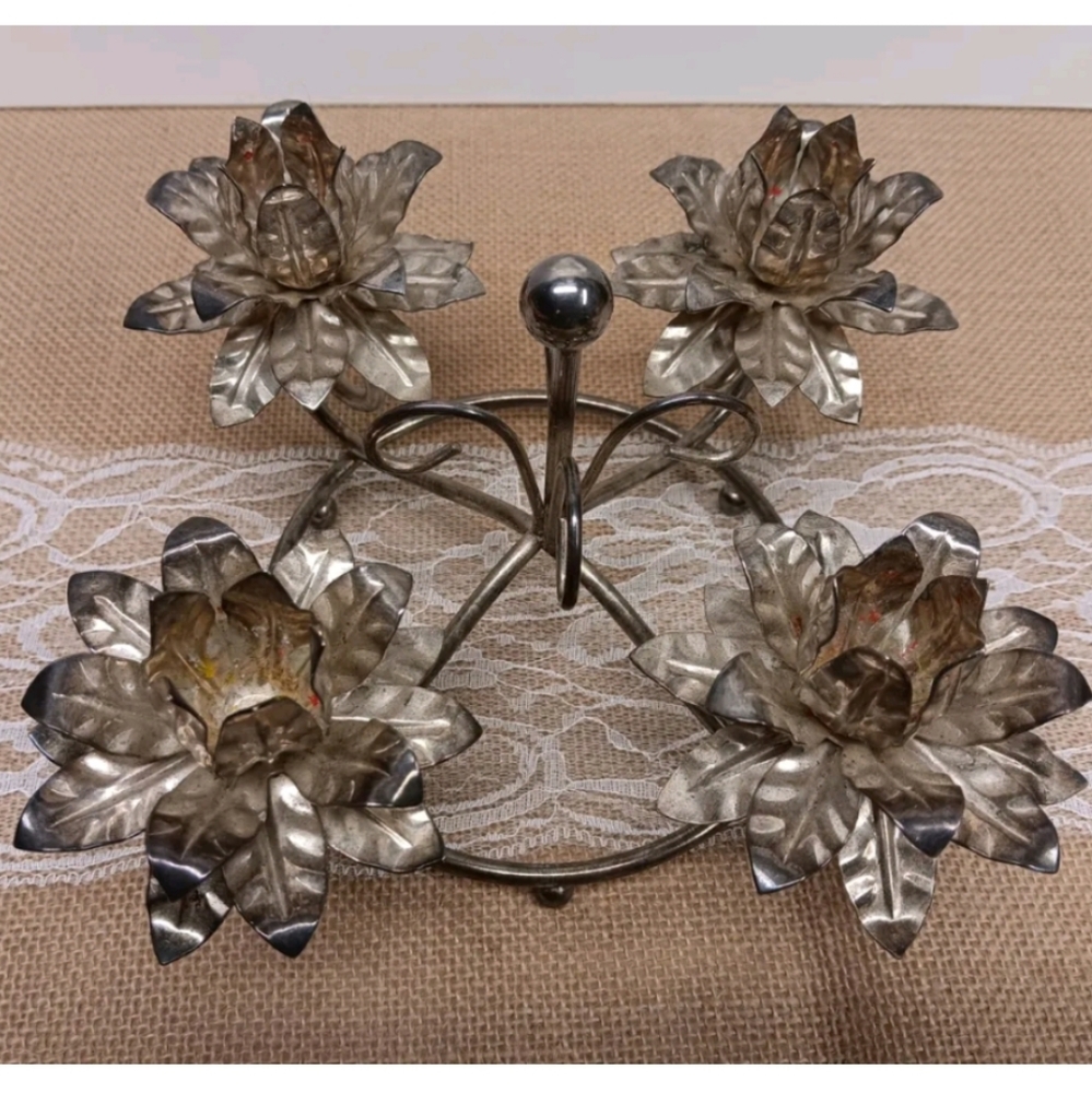 Vintage 4 Flower Candlestick Holder Centerpiece Silverplate Metal Holiday Alter